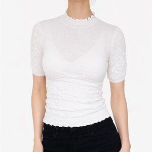 See by Chloe Cotton Linen Smocked Stretch Mock Neck Short Sleeve Top Size XS